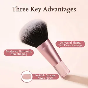 Detailed close-up of a soft powder makeup brush with portable pink storage pouch
