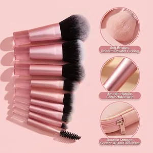 Detailed view of 10-piece pink makeup brush set with soft bristles and durable storage bag