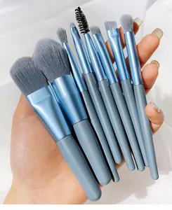 Close-up of 8pcs mini blue makeup brush set with soft grey bristles for face and eyes.