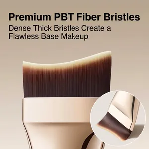 Professional crescent foundation brush with dense PBT fiber bristles for flawless finish