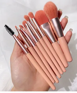 Detailed view of 8pcs mini pink makeup brush set with soft peach bristles in hand