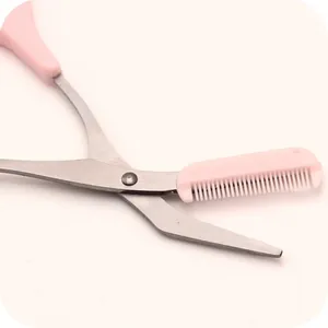 Pink stainless steel eyebrow trimming scissors with removable comb for precise grooming