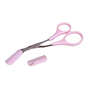 Professional pink eyebrow trimming scissors with detachable comb for facial grooming tool