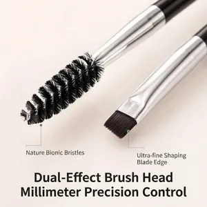 Macro close-up of double-headed eyebrow brush featuring spoolie and angled flat bristles