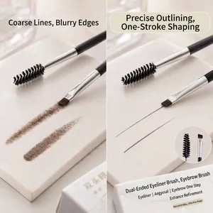 Close-up of dual-ended eyebrow brush showing precise strokes and spoolie tip