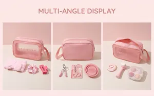 Three views of a stylish pink makeup wash bag with storage for various beauty tools.