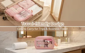 Pink travel washbag for makeup organization shown in suitcase and bathroom