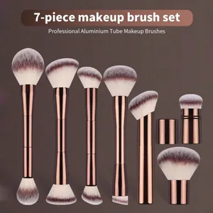 Detail view of professional 7-piece double-ended makeup brush set in rose gold