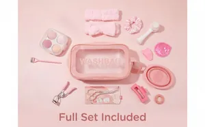 Comprehensive 23-piece pink makeup tool set including wash bag and facial cleansing brush.