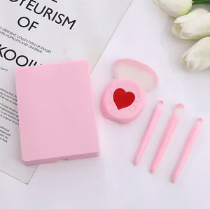 Mini Heart Shaped 4 Pcs Makeup Brush Set With Mirror Case Portable Pink Fiber Powder Blush Eyeshadow Blending Brushes Women