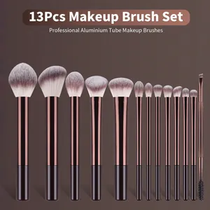 Professional 13pcs makeup brush set with aluminium tubes in rose gold and brown finish