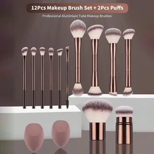 Set of 12 professional aluminium tube double-ended makeup brushes with 2 powder puffs