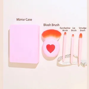 Portable 4-piece heart-shaped makeup brush set including a pink mirror storage case