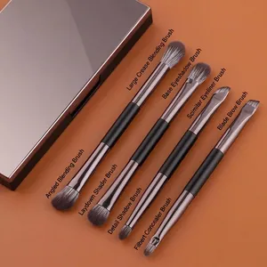 Set de 4 pinceaux de maquillage portables à double embout avec étui de rangement miroir