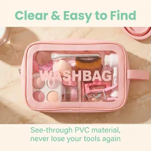 Complete 23-piece makeup brush and beauty tool set in a stylish pink clear PVC wash bag