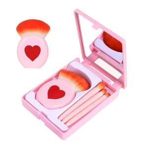 Mini 4-piece heart makeup brush set with portable pink mirror case for travel