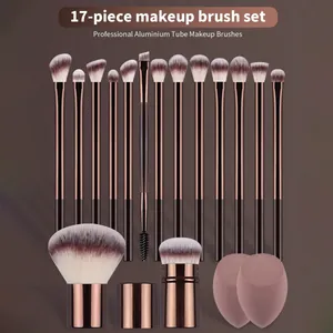 Professional 17-piece makeup brush set with aluminium tubes and blending sponges.