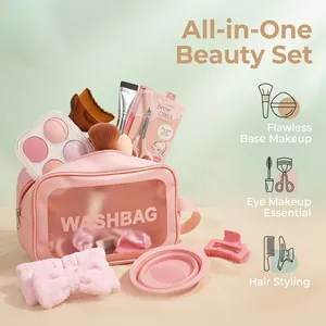 Comprehensive 23-piece pink makeup brush and beauty tool set with washbag.