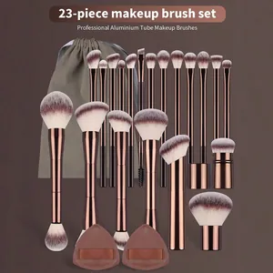Professional 23-piece rose gold makeup brush set with storage bag and powder puffs