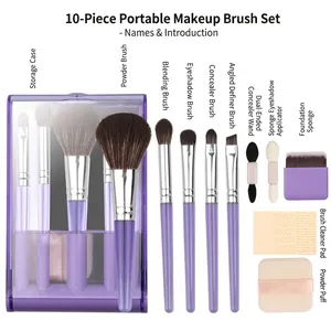10-teiliges tragbares Make-up-Pinsel-Set mit lila Aufbewahrungsbox für Puder