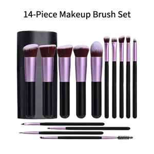 Set di 14 Pennelli da Trucco Professionali in Fibra Sintetica Setole Morbide Fondotinta Ombretto Fard Cipria Strumenti di Bellezza per Donna