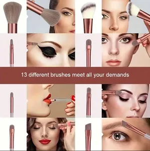 Collage dettagliato che mostra 13 pennelli da trucco bronzo e l'applicazione sul viso