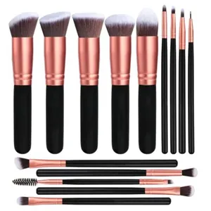 Set professionale di 14 pennelli da trucco con ghiere in oro rosa e manici neri