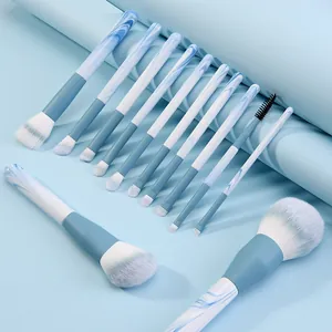 12pcs sky blue marble makeup brush set with soft bristles for flawless application