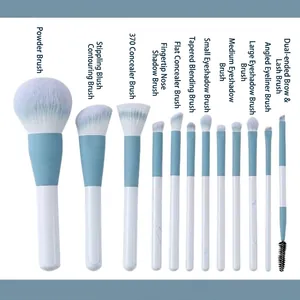12pcs professional makeup brush set in blue and white, including powder and blush brushes