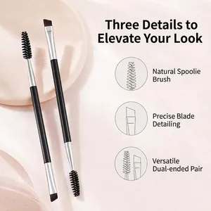 Macro detail of double-ended eyebrow brush with spiral spoolie and angled blade tip