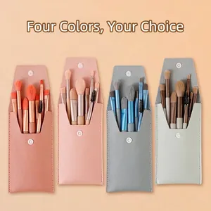 8pcs mini makeup brush set with soft bristles and portable leather pouches in four colors