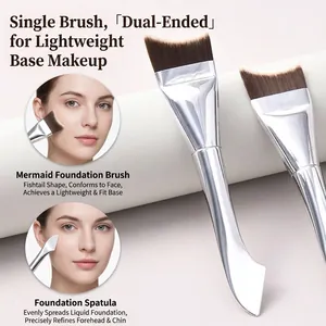 Brocha para Base de Doble Punta Forma de Sirena Mango Metálico Plateado Pincel para Mascarilla Fibra Sintética Con Espátula