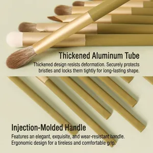 Detail view of avocado green eye makeup brushes with durable thickened aluminum tubes.