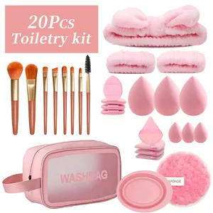 Kit completo de 20 herramientas de maquillaje rosa con brochas, esponjas y bolso