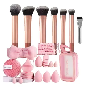 Kit d'Outils de Maquillage Professionnel Rose Incluant Pinceaux Or Rose Éponges de Beauté Ciseaux à Sourcils et Trousse de Toilette