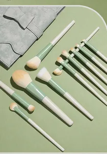 Detail of 11pcs mini Morandi green makeup brush set with soft bristles for travel