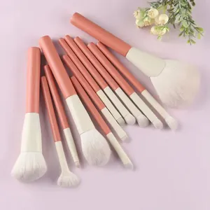 Professional 12-piece coral makeup brush set with soft white bionic bristles for beginners