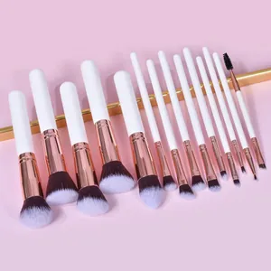 Set professionale di 14 pennelli da trucco con setole morbide e ghiere in oro rosa elegante