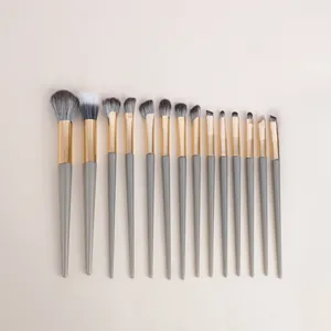 Vue détaillée d'un ensemble de 14 pinceaux de maquillage professionnels avec manches gris