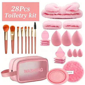 Set completo de 28 piezas de brochas de maquillaje y esponjas rosas con neceser rosa