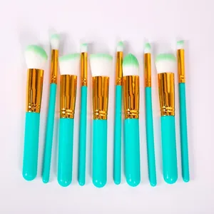 10-piece professional makeup brush set with turquoise handles and green-tipped bristles