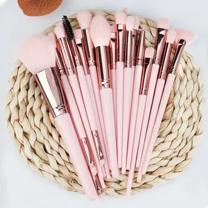 Vue détaillée d'un ensemble de 20 pinceaux de maquillage roses avec ferrules en or rose