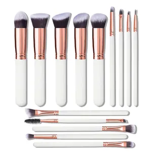 Set di 14 pennelli da trucco professionali con ghiere in oro rosa e manici bianchi
