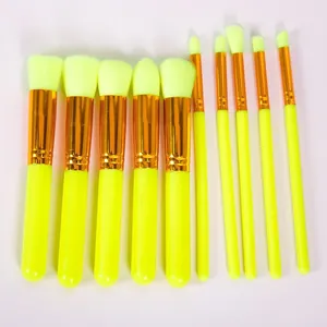 10-piece neon yellow makeup brush set with soft fiber bristles for precise makeup application