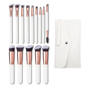 Set di 14 pennelli da trucco professionali con manico bianco, oro rosa e borsa da viaggio