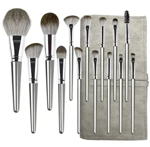 Set professionale di 14 pennelli per il trucco argento con setole sintetiche e custodia grigia