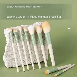 Professional 11pcs Morandi green mini makeup brush set for travel and daily facial makeup