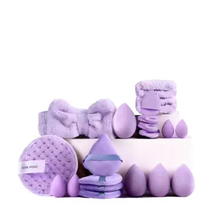 Set completo bellezza 40 pezzi viola con spugnette trucco, piumini e morbida fascia capelli