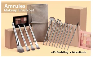 Complete 14pcs professional makeup brush set with premium grey PU leather storage bag