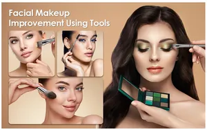 Detailed application of professional 14pcs makeup brush set for foundation and eyes.